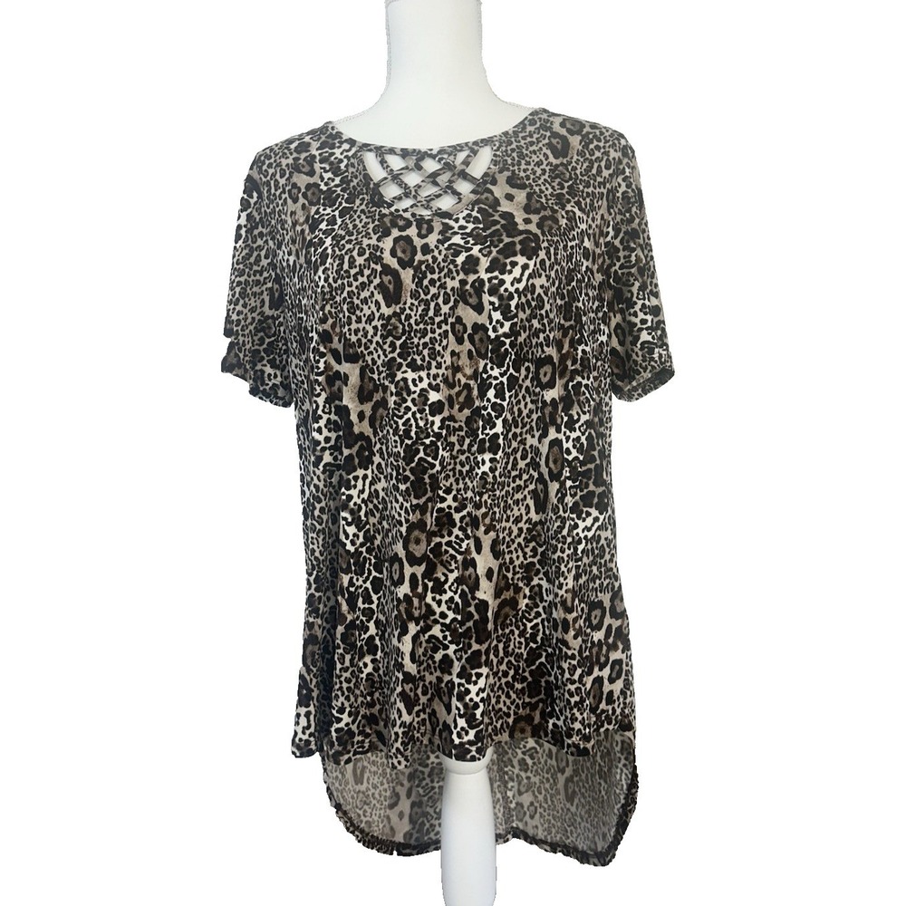 Est. 1946 Womens Leopard Print Short Sleeve‎ Rounded Hem Blouse - Size M